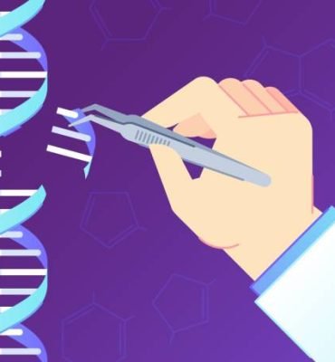 CRISPR CAS9 Gene editing tool. Genome edits, human dna genetic engineering and DNA code vector illustration. Modern laboratory research biotechnology concept with scientist hand and tweezers